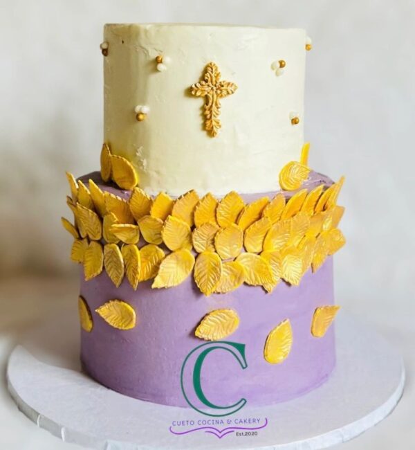 2 Tier shoe and rosary Baptism Cake